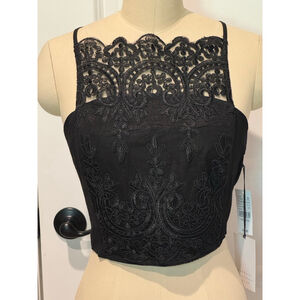 Women's Kendall + Kylie Black Lace Embroidered Zip Back Crop Top L